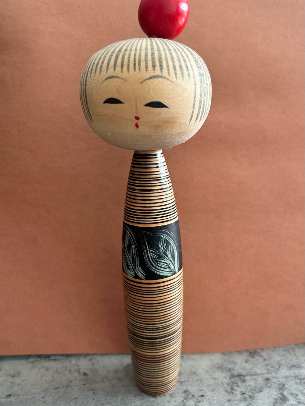 Handcrafted Wood Kokeshi Doll - Natural Wood with Black and Red Accents